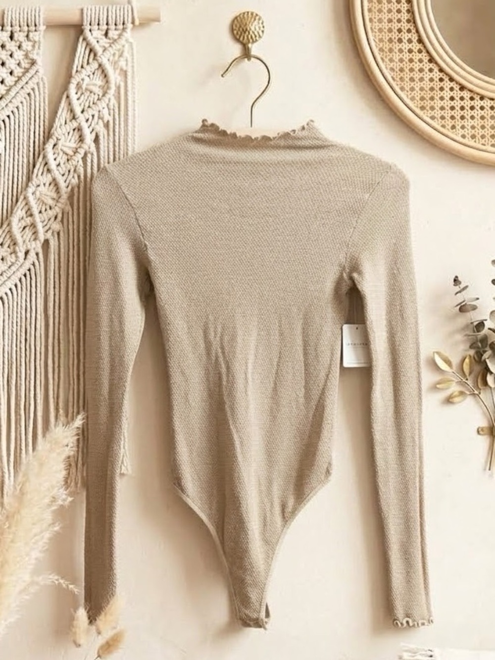 NWT Free People Intimately Beige Ruffle Trim Mock Neck Long Sleeve Bodysuit